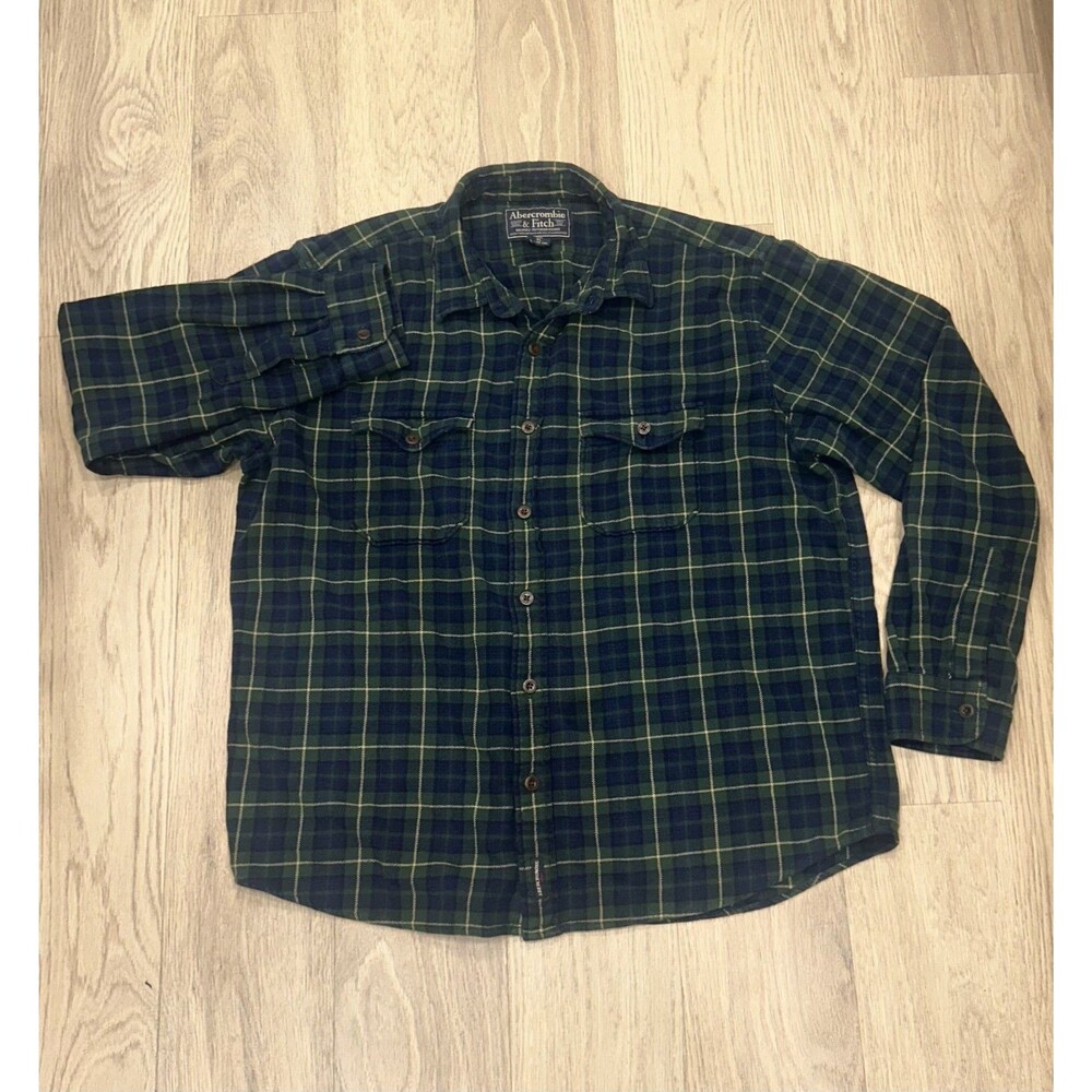 Abercrombie & Fitch Flannel Shirt Mens XL Blue Green Plaid Tartan 90s Y2K